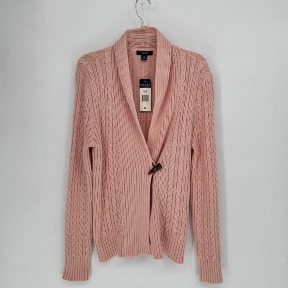 CHAPS Womens Size  XL Pink Cable Knit Shawl Collar Cardigan Sweater Button New